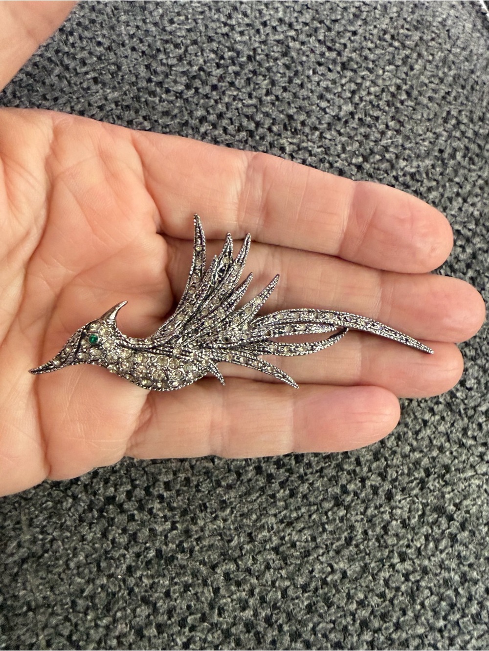 Silver Crystal Bird Brooch Pin - Silver Rhinestone Feathered Bird
